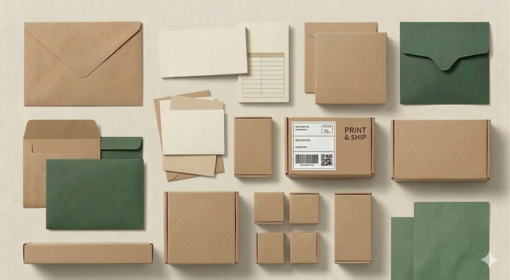 Cartons d'expédition et enveloppes kraft préparés par EA Papyrus, entreprise adaptée logistique et impression à Lyon
