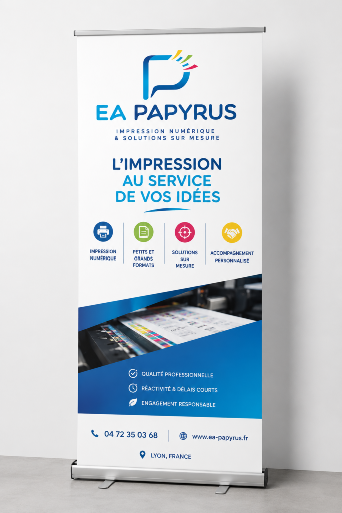 Roll-up publicitaire sur mesure EA Papyrus pour l'impression grand format et la communication visuelle à Lyon
